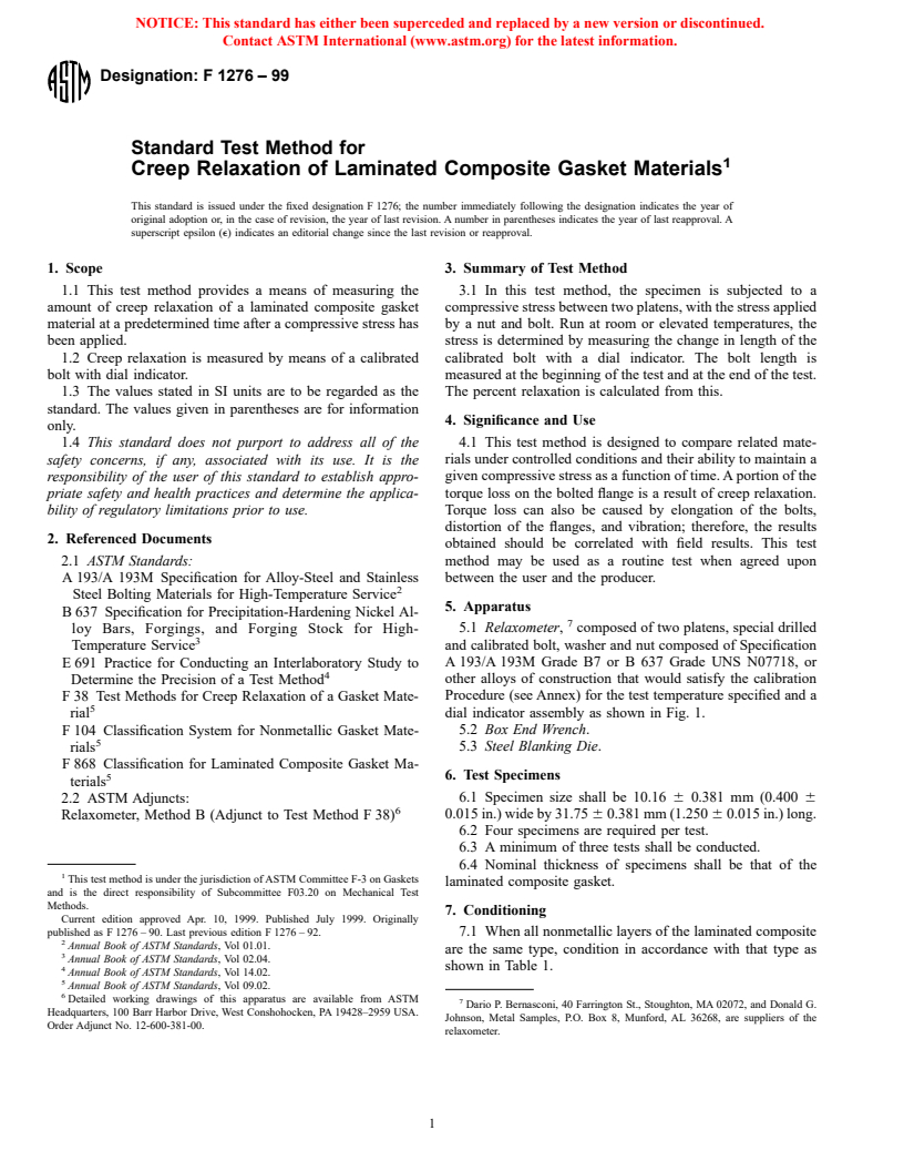 ASTM F1276-99 - Standard Test Method for Creep Relaxation of Laminated Composite Gasket Materials