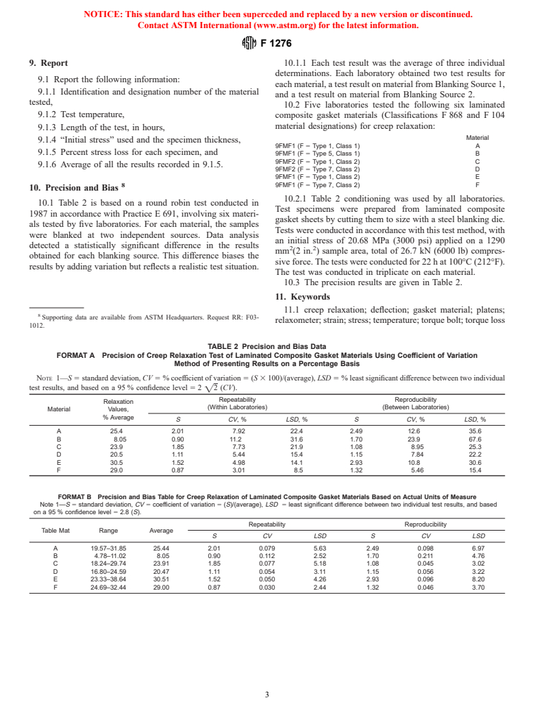 ASTM F1276-99 - Standard Test Method for Creep Relaxation of Laminated Composite Gasket Materials