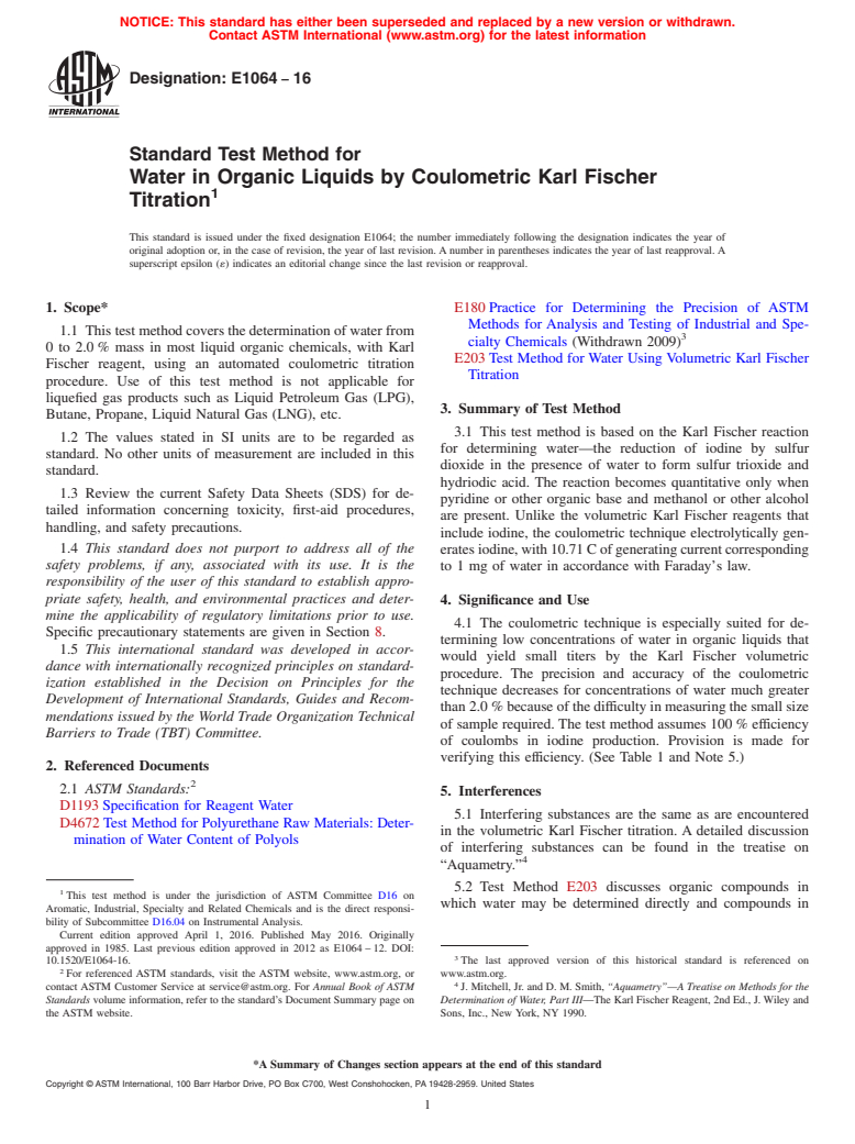 ASTM E1064-16 - Standard Test Method for Water in Organic Liquids by Coulometric Karl Fischer Titration