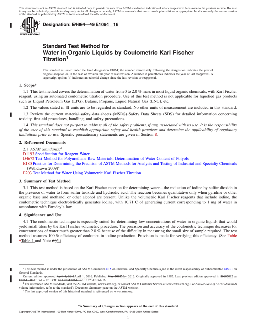 REDLINE ASTM E1064-16 - Standard Test Method for Water in Organic Liquids by Coulometric Karl Fischer Titration