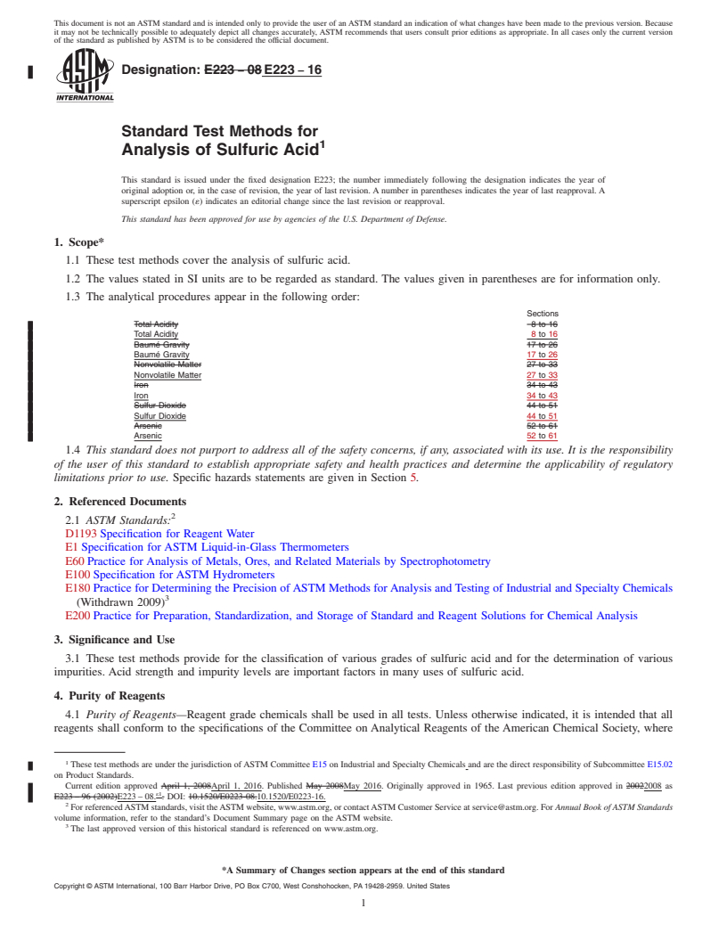 REDLINE ASTM E223-16 - Standard Test Methods for Analysis of Sulfuric Acid