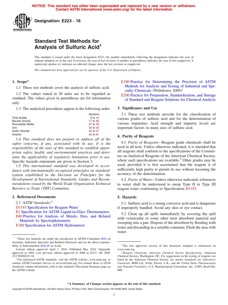 ASTM E223-16 - Standard Test Methods for Analysis of Sulfuric Acid