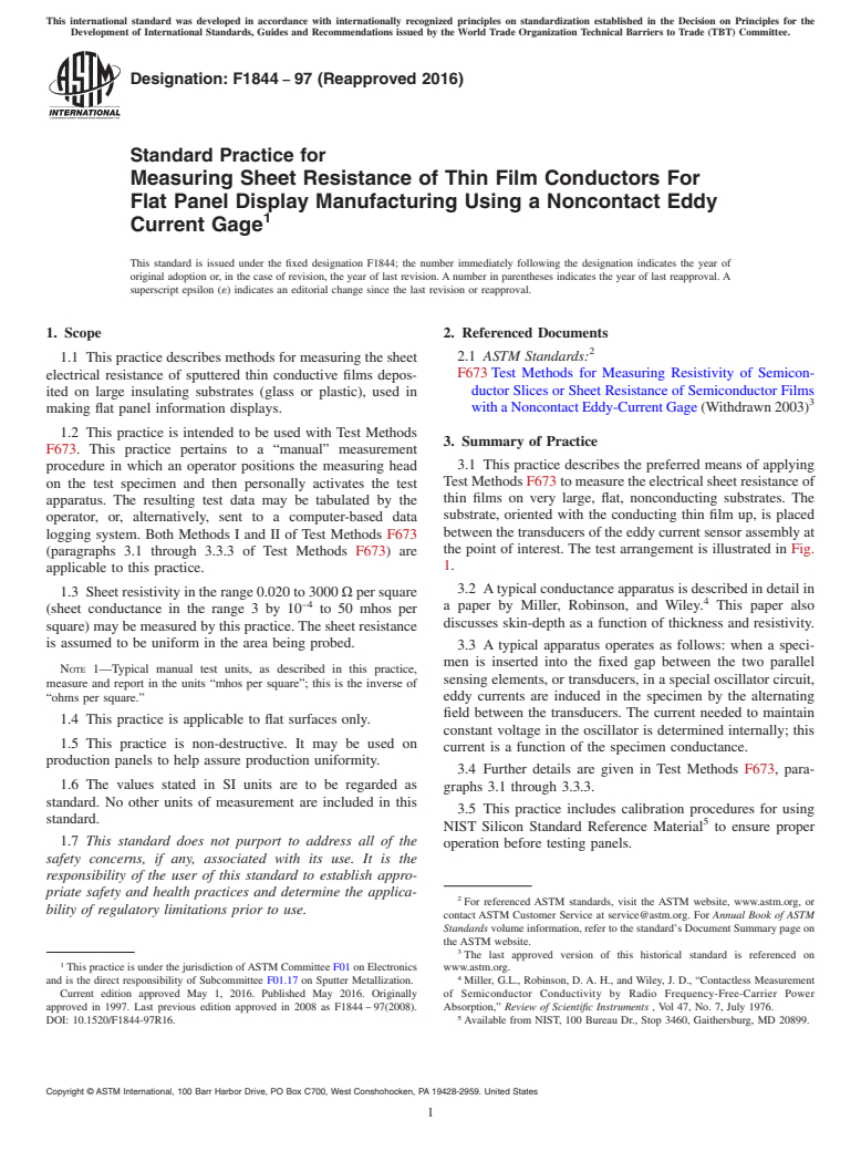 ASTM F1844-97(2016) - Standard Practice for  Measuring Sheet Resistance of Thin Film Conductors For Flat  Panel Display Manufacturing Using a Noncontact Eddy Current Gage