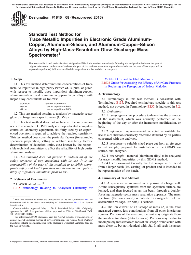 ASTM F1845-08(2016) - Standard Test Method for  Trace Metallic Impurities in Electronic Grade Aluminum-Copper,  Aluminum-Silicon, and Aluminum-Copper-Silicon Alloys by High-Mass-Resolution  Glow Discharge Mass Spectrometer