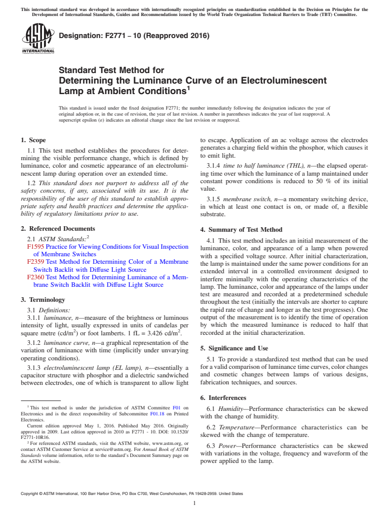 ASTM F2771-10(2016) - Standard Test Method for  Determining the Luminance Curve of an Electroluminescent Lamp   at Ambient  Conditions