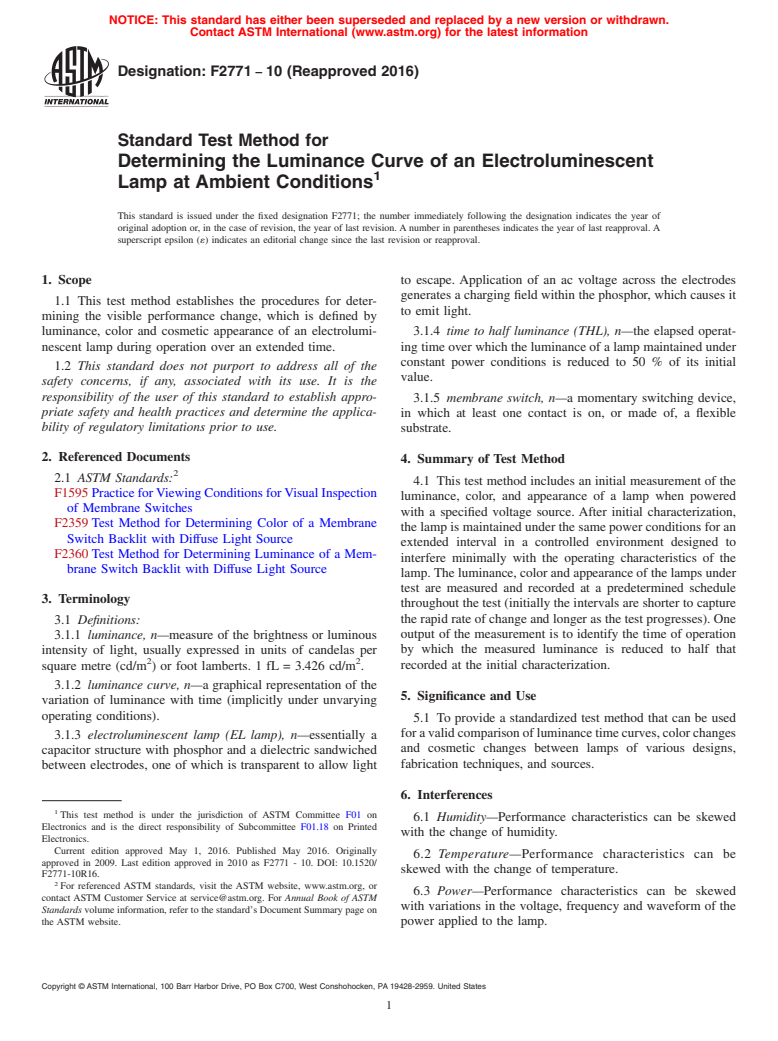 ASTM F2771-10(2016) - Standard Test Method for  Determining the Luminance Curve of an Electroluminescent Lamp   at Ambient  Conditions (Withdrawn 2023)