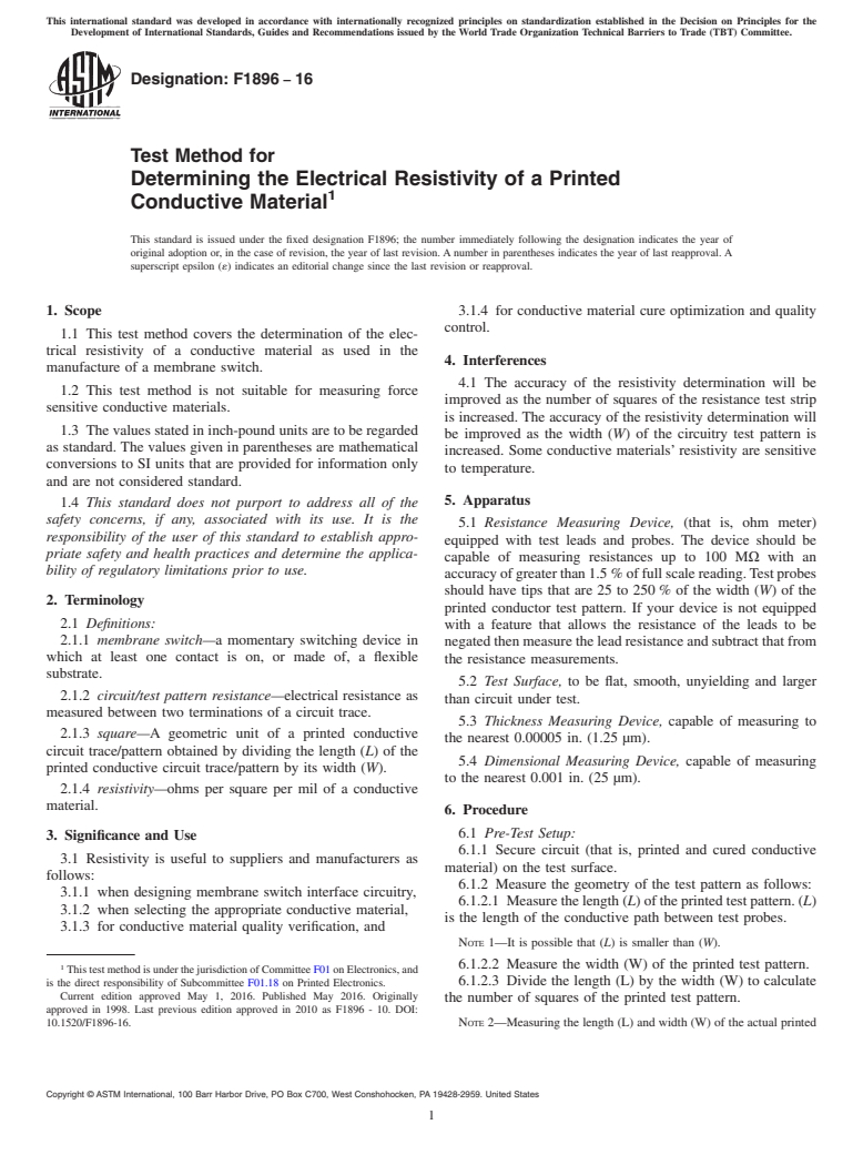 ASTM F1896-16 - Test Method for  Determining the Electrical Resistivity of a Printed Conductive   Material