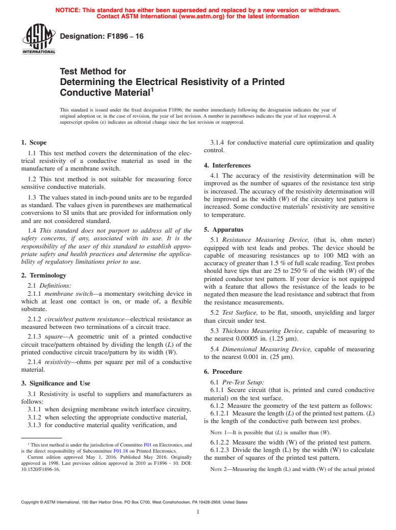 ASTM F1896-16 - Test Method for  Determining the Electrical Resistivity of a Printed Conductive   Material (Withdrawn 2023)