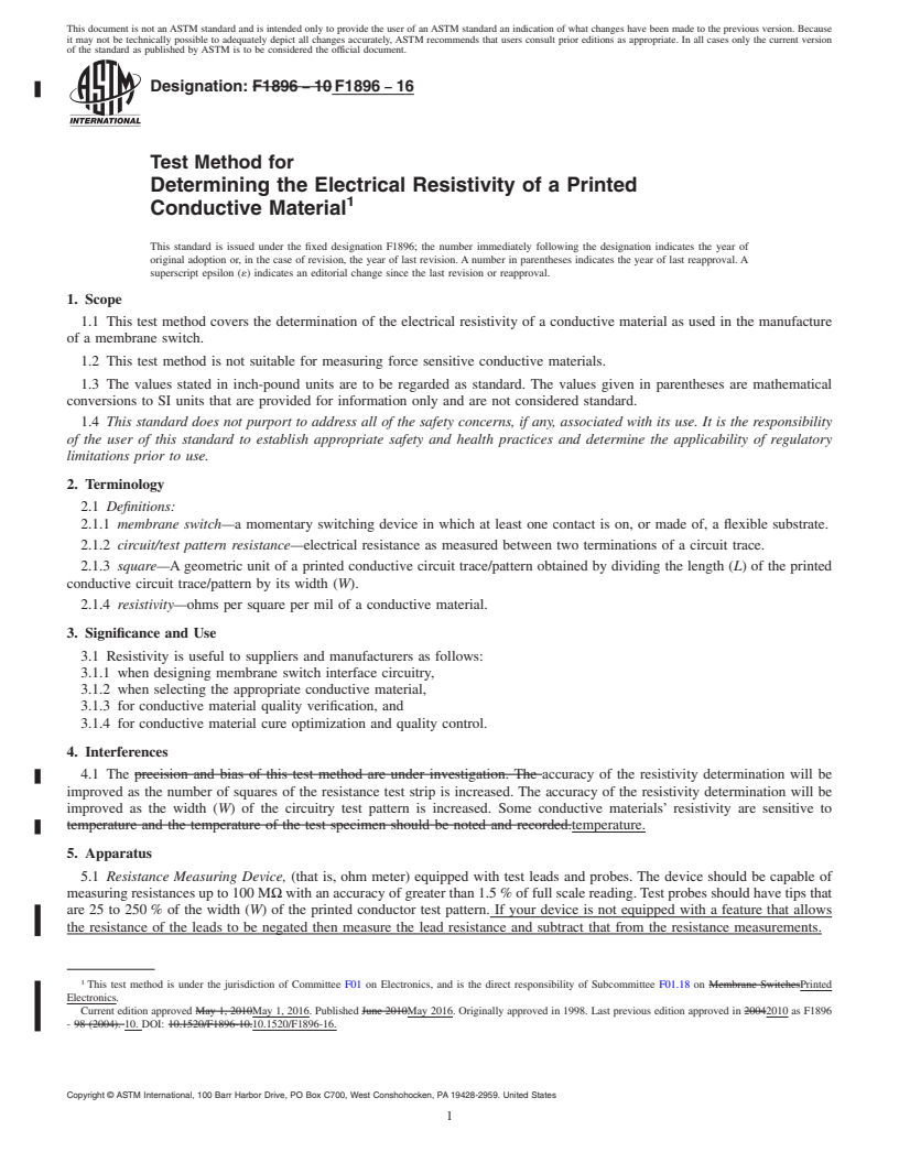 REDLINE ASTM F1896-16 - Test Method for  Determining the Electrical Resistivity of a Printed Conductive   Material