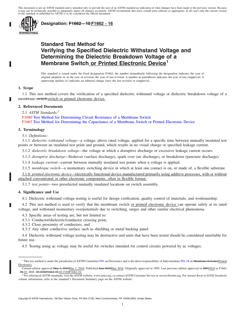 REDLINE ASTM F1662-16 - Standard Test Method for  Verifying the Specified Dielectric Withstand Voltage and Determining   the Dielectric Breakdown Voltage of a Membrane Switch or Printed  Electronic Device