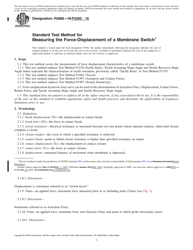 REDLINE ASTM F2592-16 - Standard Test Method for  Measuring the Force-Displacement of a Membrane Switch