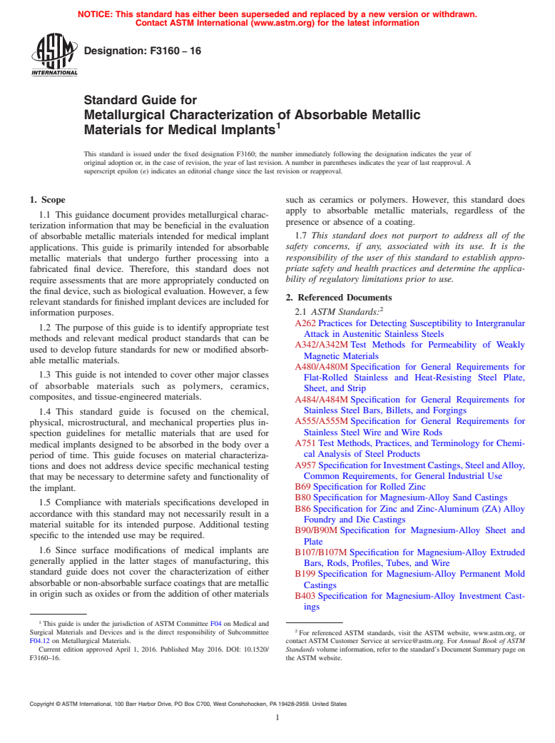 ASTM F3160-16 - Standard Guide for Metallurgical Characterization of Absorbable Metallic Materials  for Medical Implants