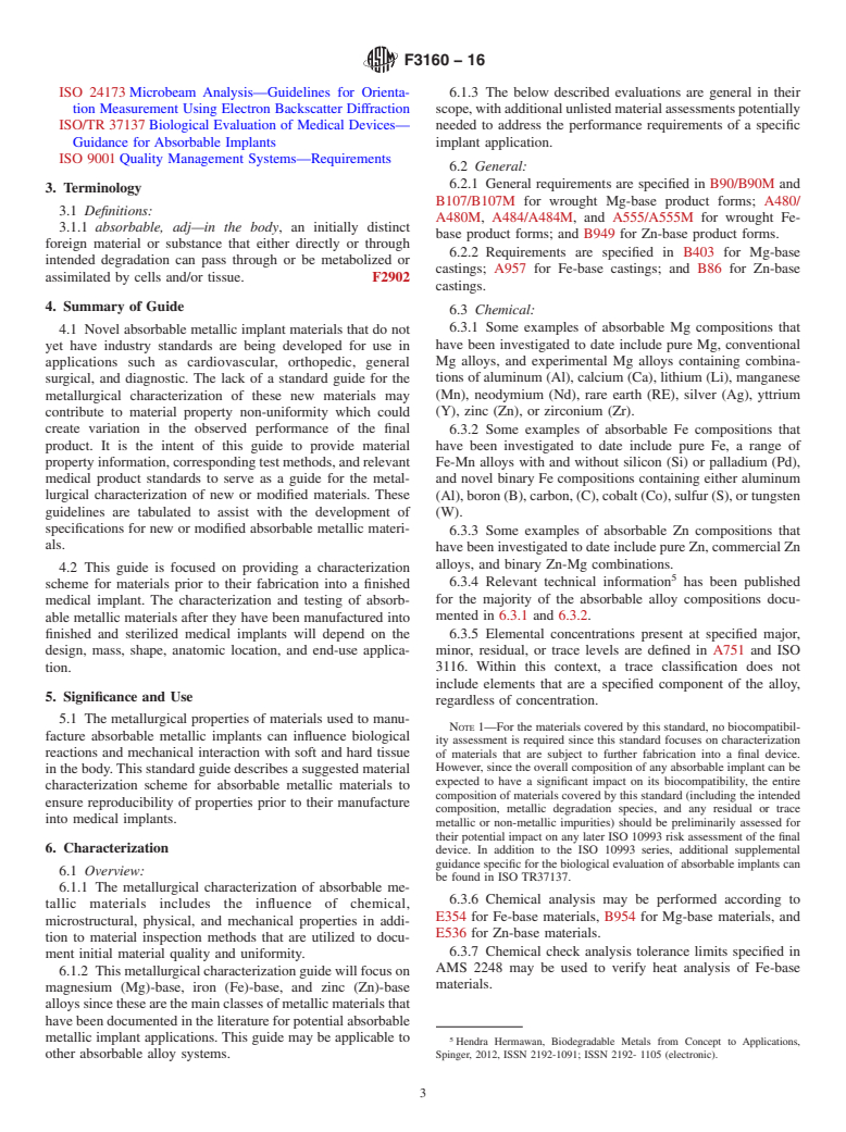 ASTM F3160-16 - Standard Guide for Metallurgical Characterization of Absorbable Metallic Materials  for Medical Implants