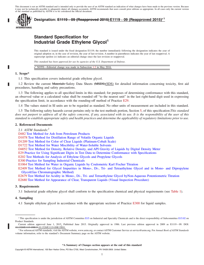 REDLINE ASTM E1119-09(2015)e1 - Standard Specification for Industrial Grade Ethylene Glycol