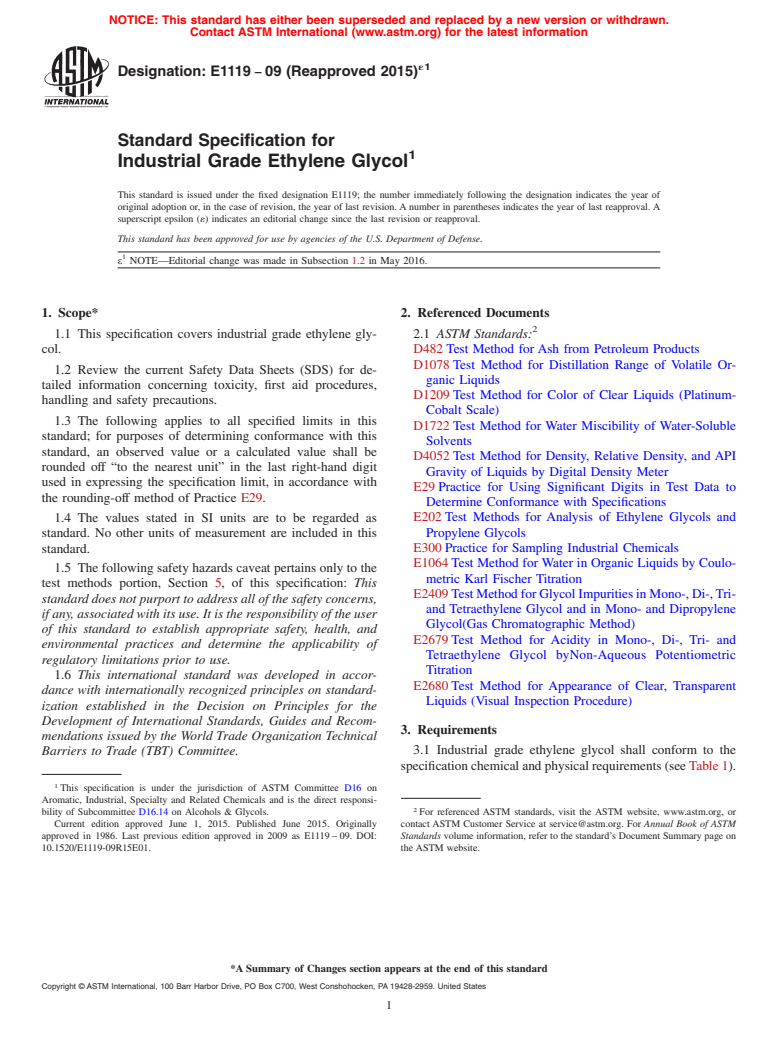 ASTM E1119-09(2015)e1 - Standard Specification for Industrial Grade Ethylene Glycol