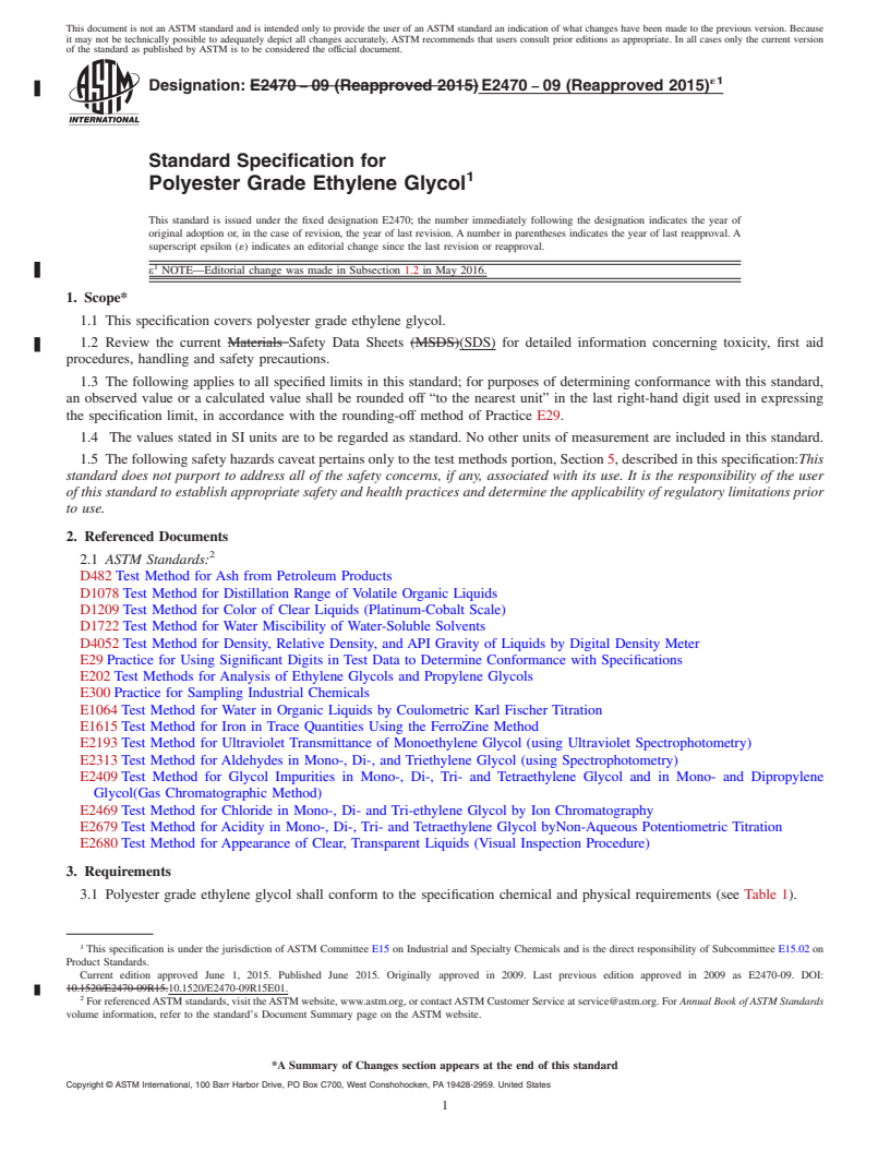 REDLINE ASTM E2470-09(2015)e1 - Standard Specification for Polyester Grade Ethylene Glycol