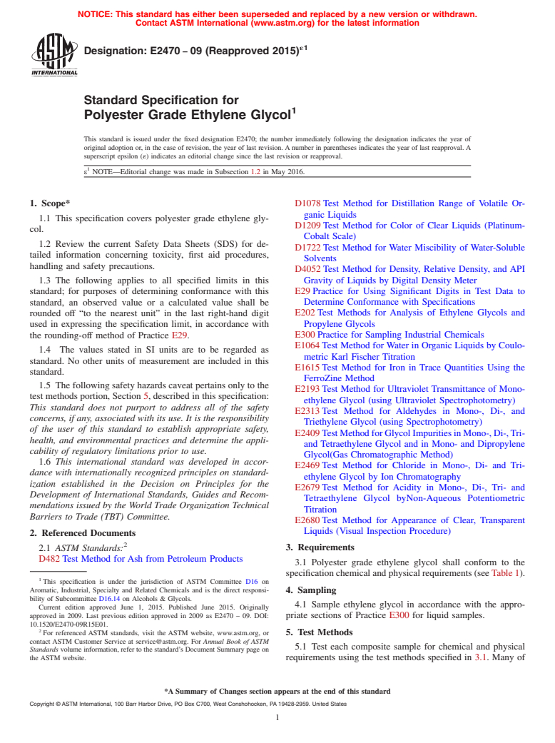 ASTM E2470-09(2015)e1 - Standard Specification for Polyester Grade Ethylene Glycol