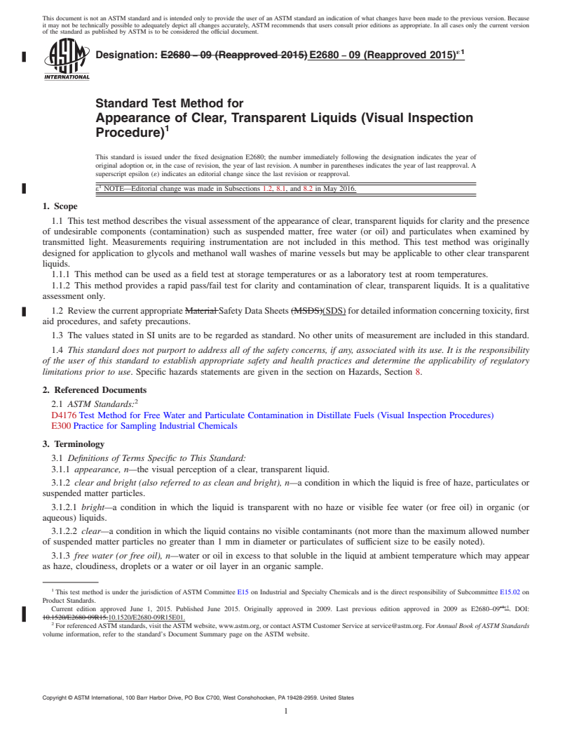 REDLINE ASTM E2680-09(2015)e1 - Standard Test Method for Appearance of Clear, Transparent Liquids (Visual Inspection  Procedure)