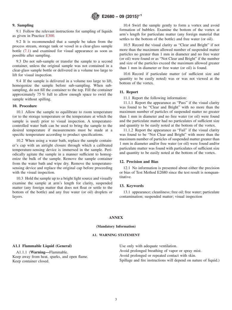 ASTM E2680-09(2015)e1 - Standard Test Method for Appearance of Clear, Transparent Liquids (Visual Inspection  Procedure)