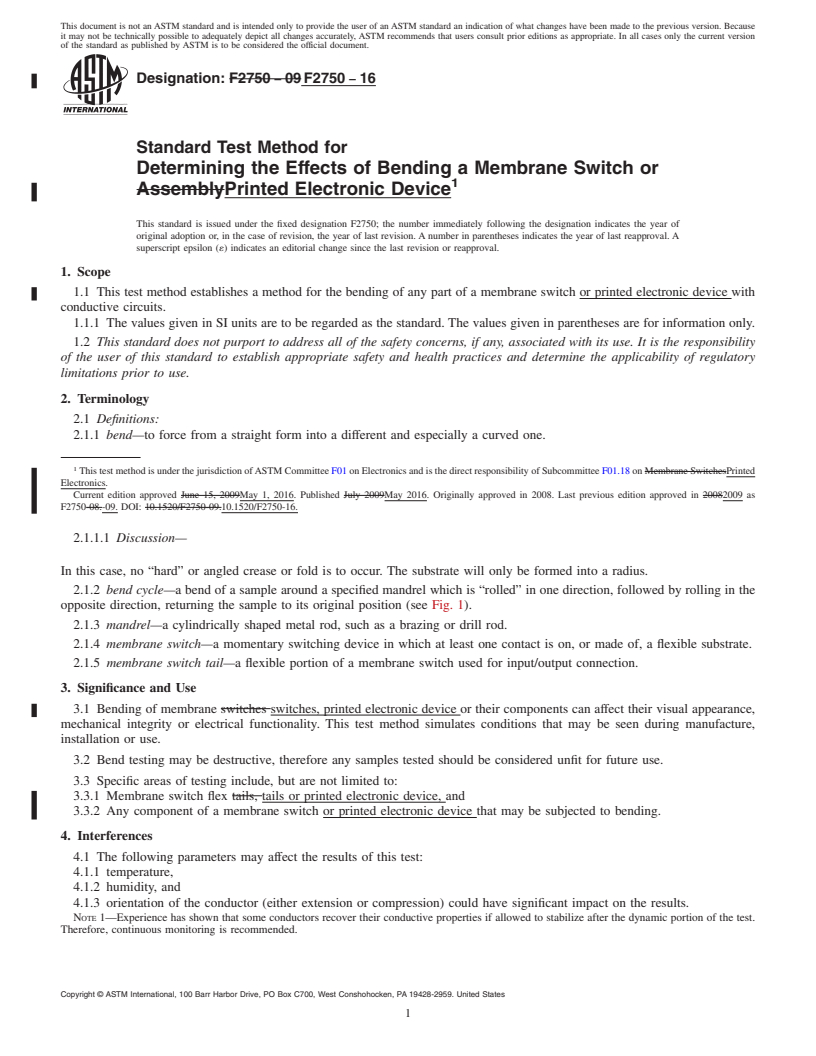 REDLINE ASTM F2750-16 - Standard Test Method for  Determining the Effects of Bending a Membrane Switch or Printed  Electronic Device