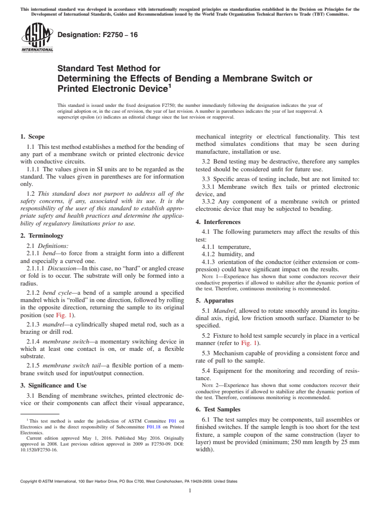 ASTM F2750-16 - Standard Test Method for  Determining the Effects of Bending a Membrane Switch or Printed  Electronic Device