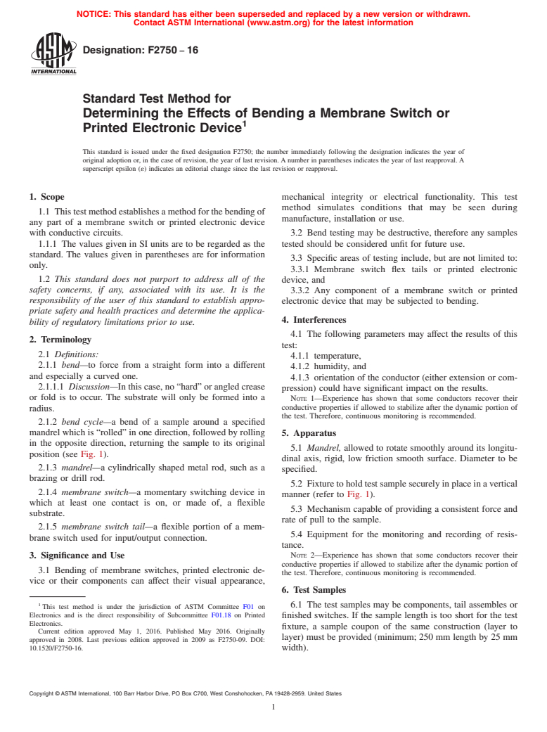 ASTM F2750-16 - Standard Test Method for  Determining the Effects of Bending a Membrane Switch or Printed  Electronic Device (Withdrawn 2023)