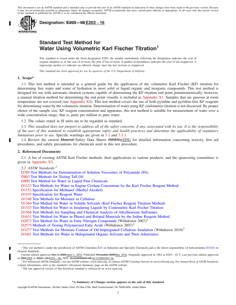 REDLINE ASTM E203-16 - Standard Test Method for Water Using Volumetric Karl Fischer Titration