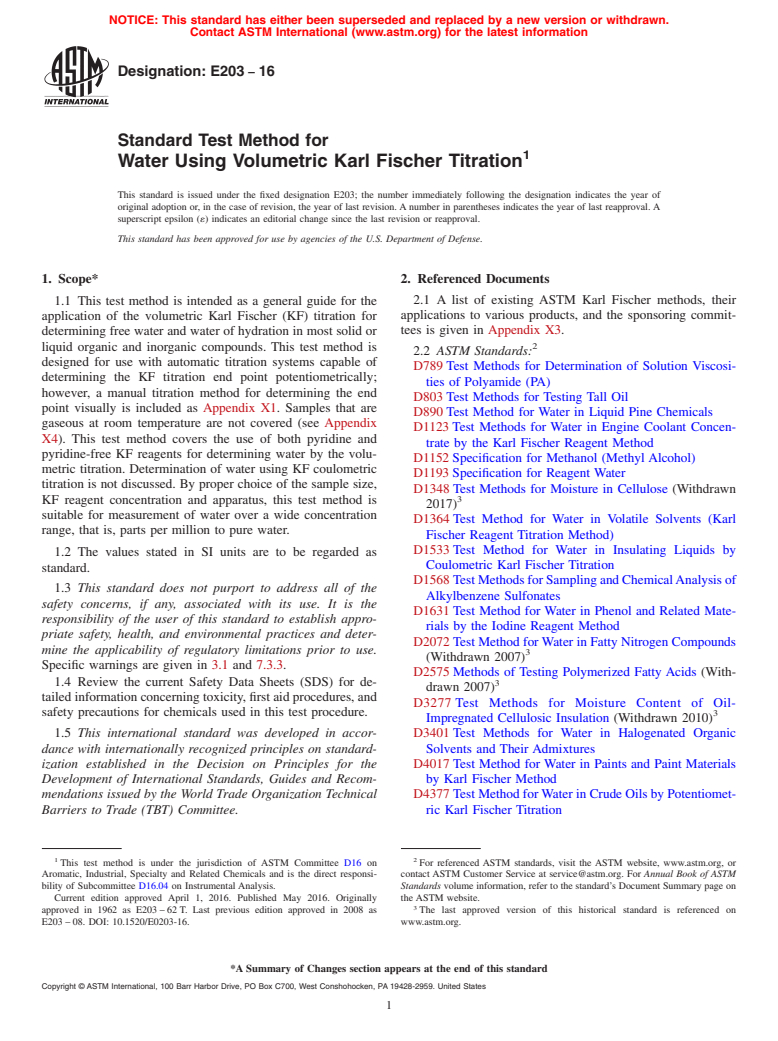 ASTM E203-16 - Standard Test Method for Water Using Volumetric Karl Fischer Titration