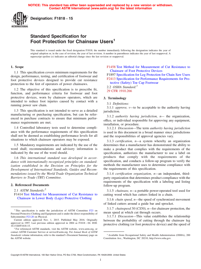 ASTM F1818-15 - Standard Specification for  Foot Protection for Chainsaw Users