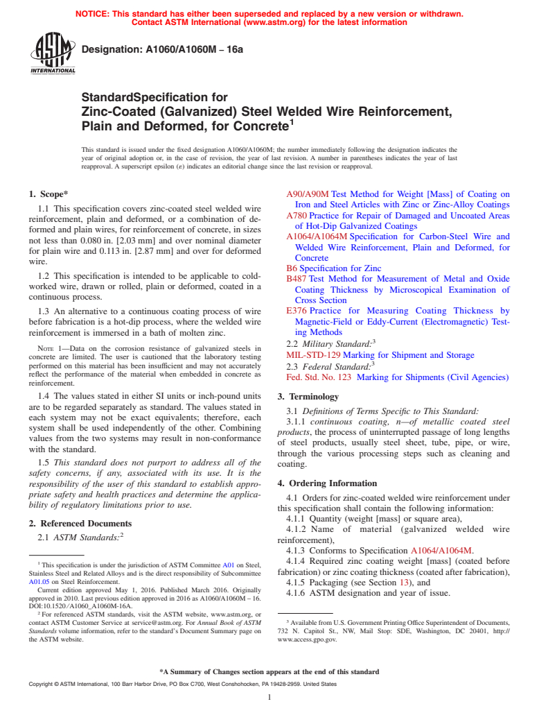 ASTM A1060/A1060M-16a - Standard Specification for  Zinc-Coated (Galvanized) Steel Welded Wire Reinforcement, Plain  and Deformed, for Concrete