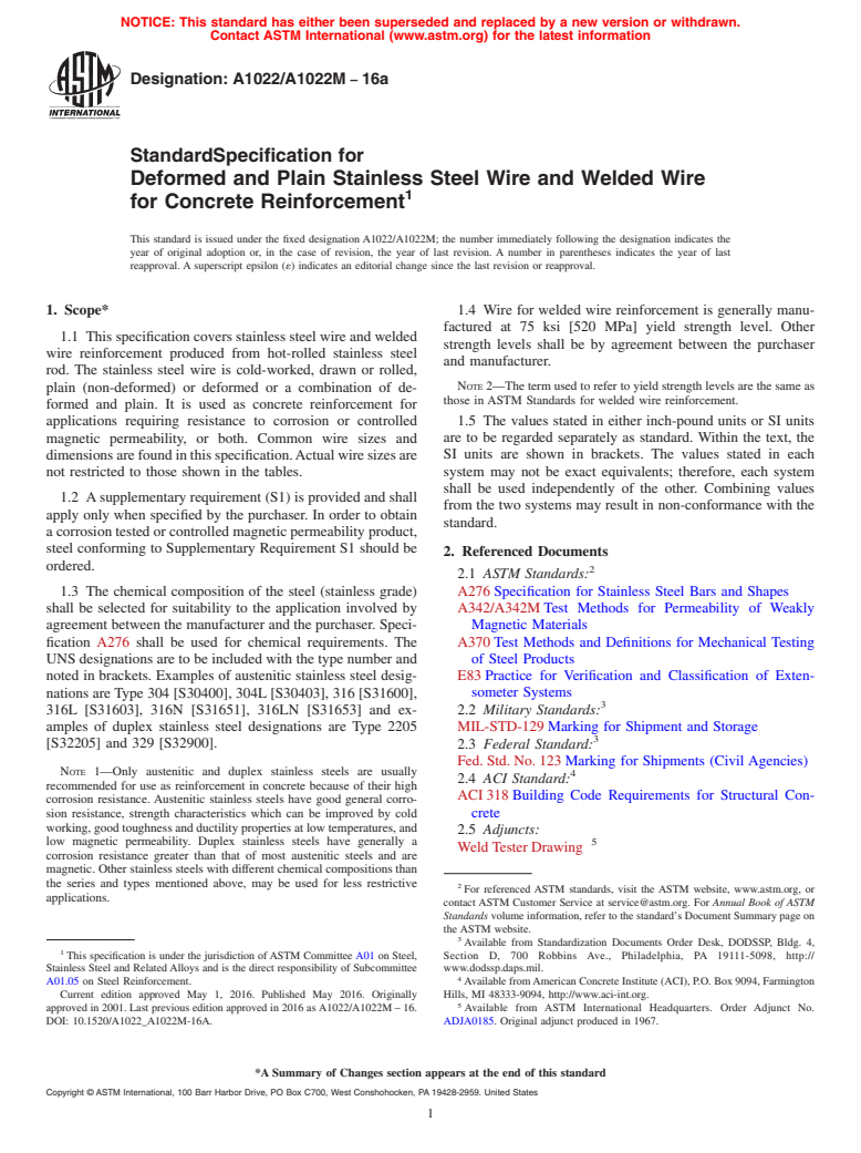 ASTM A1022/A1022M-16a - Standard Specification for  Deformed and Plain Stainless Steel Wire and Welded Wire for  Concrete Reinforcement