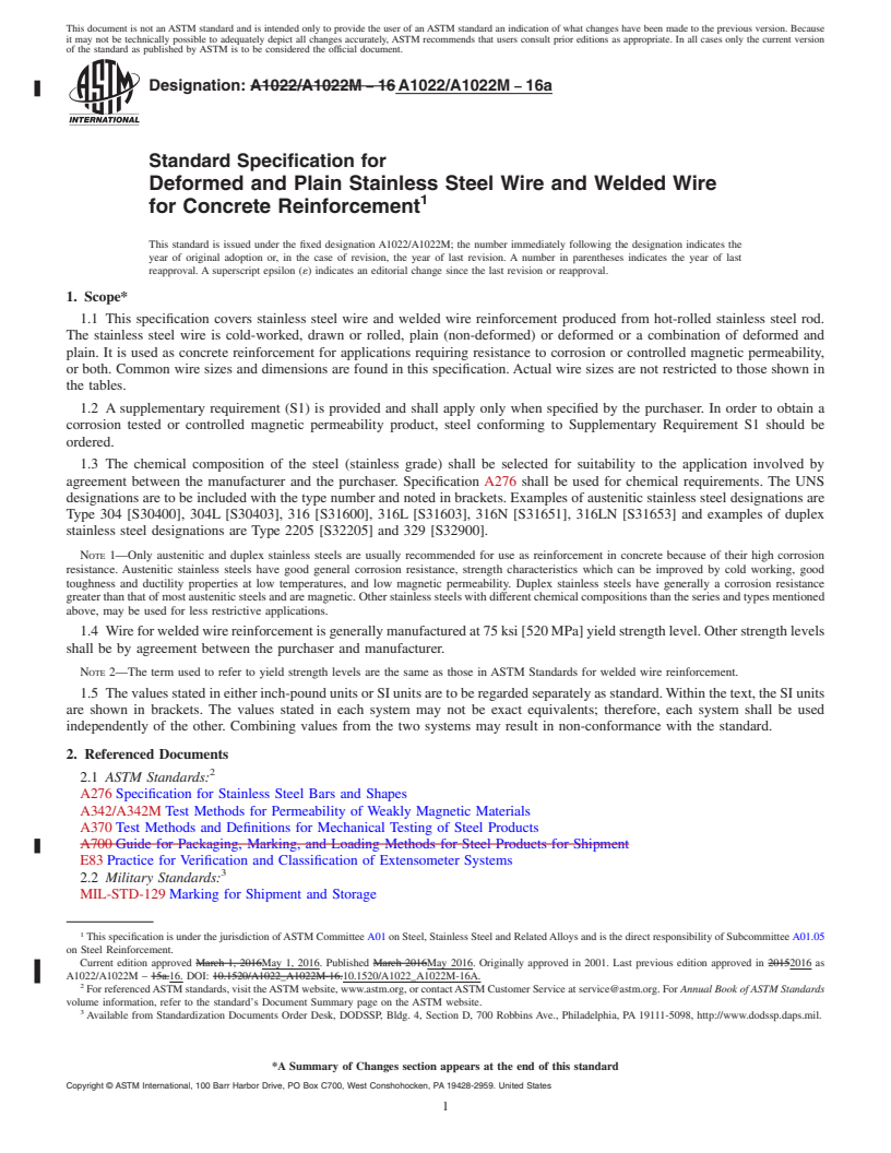 REDLINE ASTM A1022/A1022M-16a - Standard Specification for  Deformed and Plain Stainless Steel Wire and Welded Wire for  Concrete Reinforcement