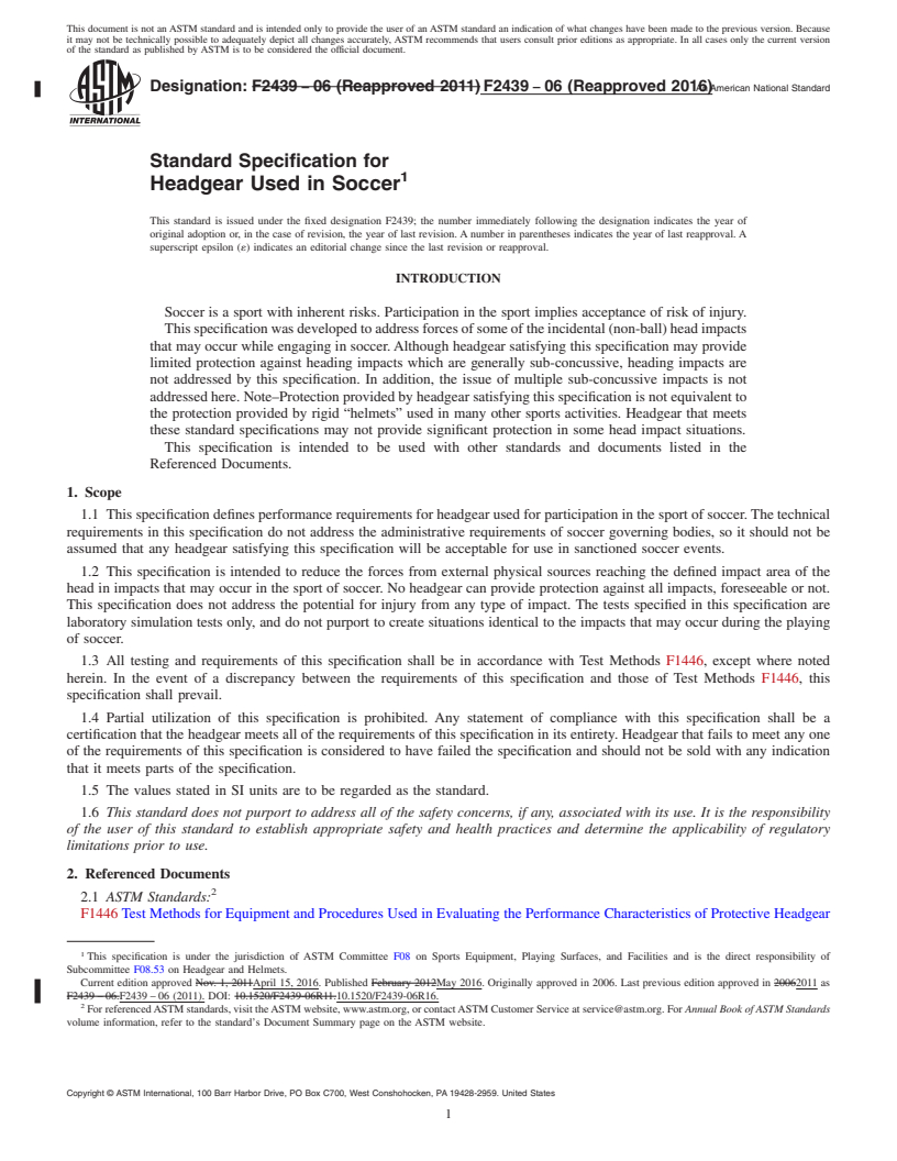REDLINE ASTM F2439-06(2016) - Standard Specification for Headgear Used in Soccer