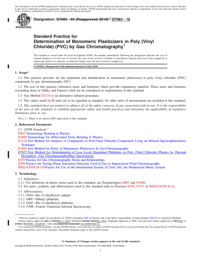 REDLINE ASTM D7083-16 - Standard Practice for  Determination of Monomeric Plasticizers in Poly (Vinyl Chloride)  (PVC) by Gas Chromatography