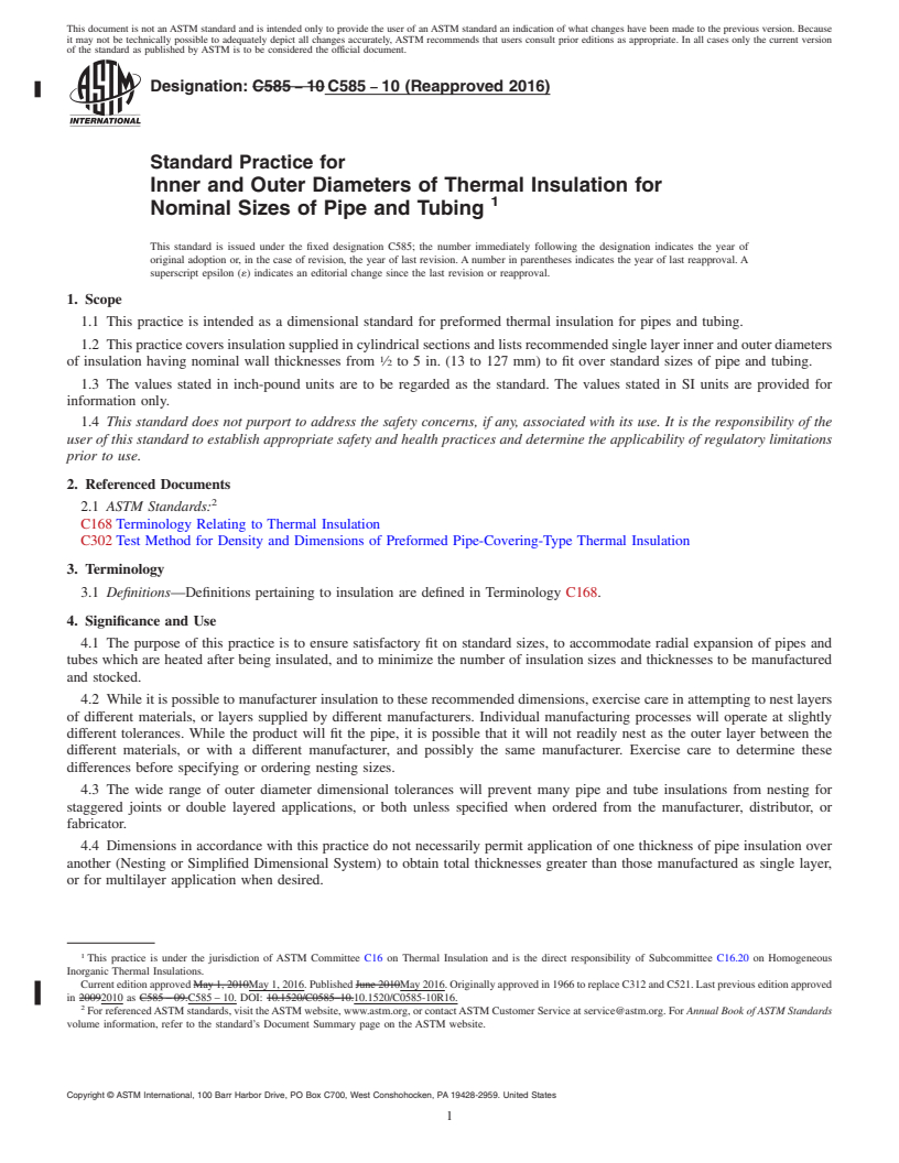 REDLINE ASTM C585-10(2016) - Standard Practice for Inner and Outer Diameters of Thermal Insulation for Nominal  Sizes of Pipe and Tubing