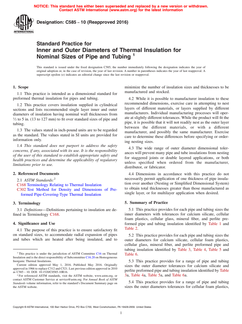 ASTM C585-10(2016) - Standard Practice for Inner and Outer Diameters of Thermal Insulation for Nominal  Sizes of Pipe and Tubing