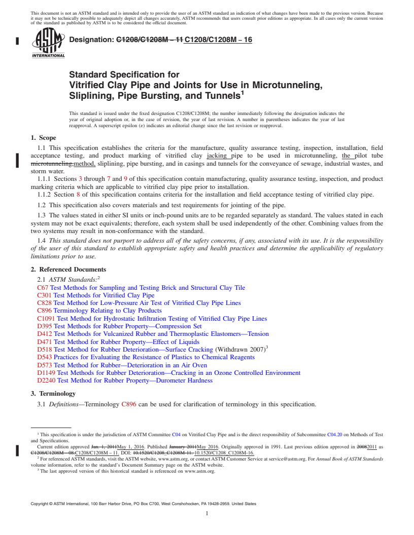 REDLINE ASTM C1208/C1208M-16 - Standard Specification for  Vitrified Clay Pipe and Joints for Use in Microtunneling, Sliplining,  Pipe Bursting, and Tunnels