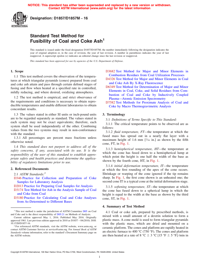 ASTM D1857/D1857M-16 - Standard Test Method for  Fusibility of Coal and Coke Ash