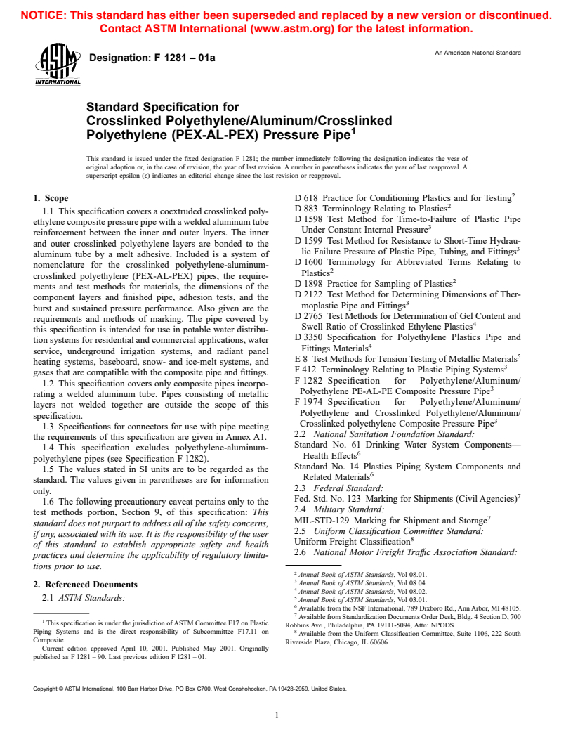 ASTM F1281-01a - Standard Specification for Crosslinked Polyethylene/Aluminum/Crosslinked Polyethylene (PEX-AL-PEX) Pressure Pipe