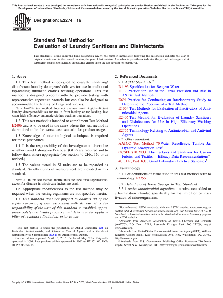 ASTM E2274-16 - Standard Test Method for  Evaluation of Laundry Sanitizers and Disinfectants