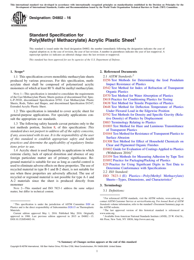 ASTM D4802-16 - Standard Specification for  Poly(Methyl Methacrylate) Acrylic Plastic Sheet