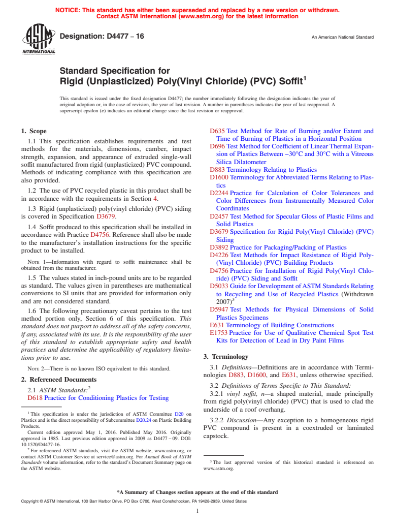 ASTM D4477-16 - Standard Specification for Rigid (Unplasticized) Poly(Vinyl Chloride) (PVC) Soffit