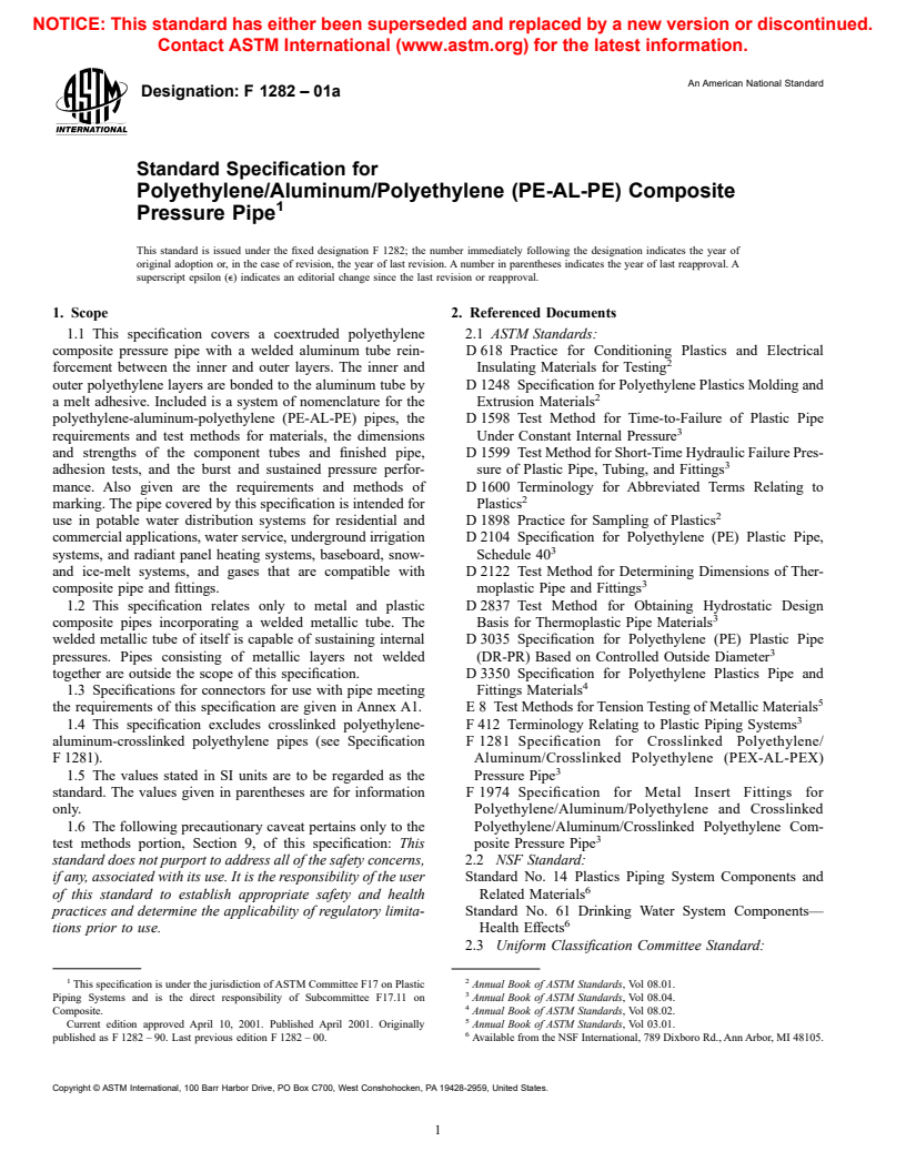 ASTM F1282-01a - Standard Specification for Polyethylene/Aluminum/Polyethylene (PE-AL-PE) Composite Pressure Pipe