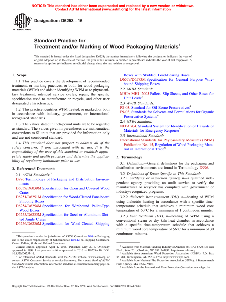 ASTM D6253-16 - Standard Practice for  Treatment and/or Marking of Wood Packaging Materials