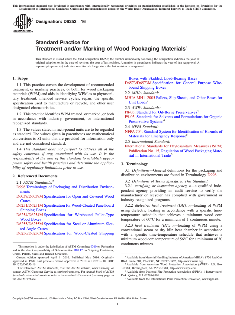ASTM D6253-16 - Standard Practice for  Treatment and/or Marking of Wood Packaging Materials