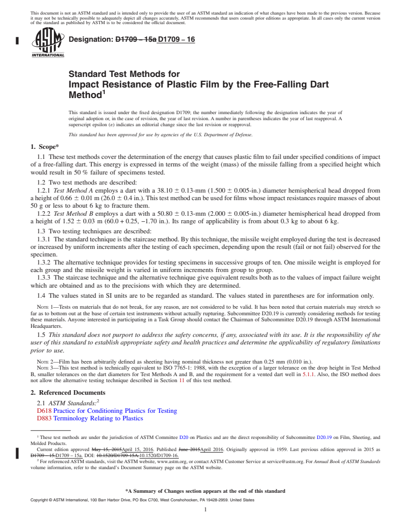 REDLINE ASTM D1709-16 - Standard Test Methods for Impact Resistance of Plastic Film by the Free-Falling Dart  Method