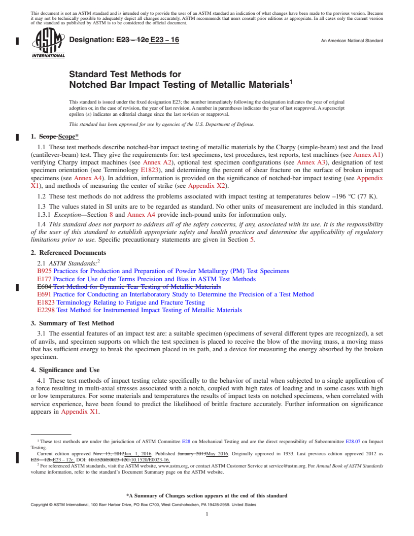 REDLINE ASTM E23-16 - Standard Test Methods for Notched Bar Impact Testing of Metallic Materials