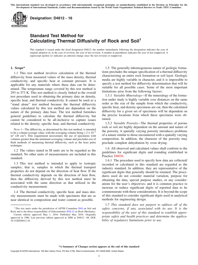 ASTM D4612-16 - Standard Test Method for Calculating Thermal Diffusivity of Rock and Soil