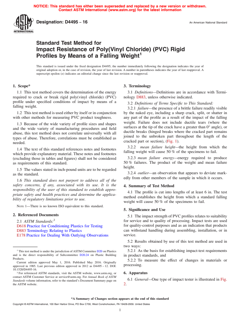 ASTM D4495-16 - Standard Test Method for  Impact Resistance of Poly(Vinyl Chloride) (PVC) Rigid Profiles  by Means of a Falling Weight