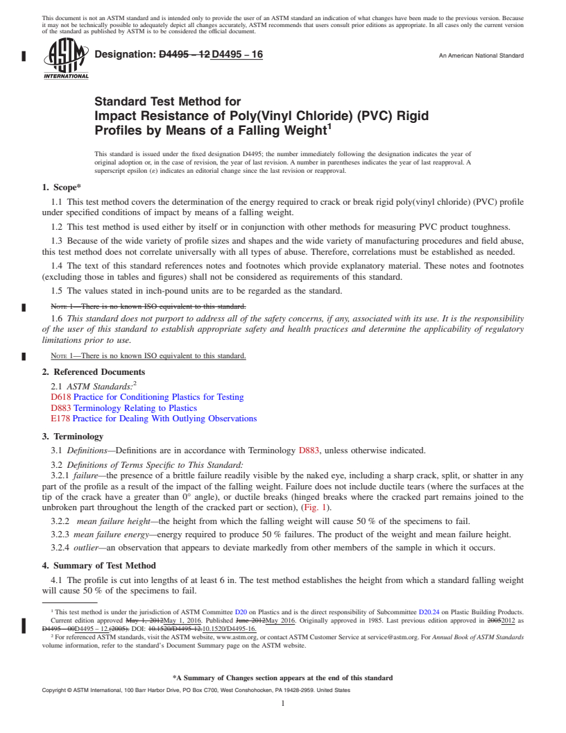 REDLINE ASTM D4495-16 - Standard Test Method for  Impact Resistance of Poly(Vinyl Chloride) (PVC) Rigid Profiles  by Means of a Falling Weight